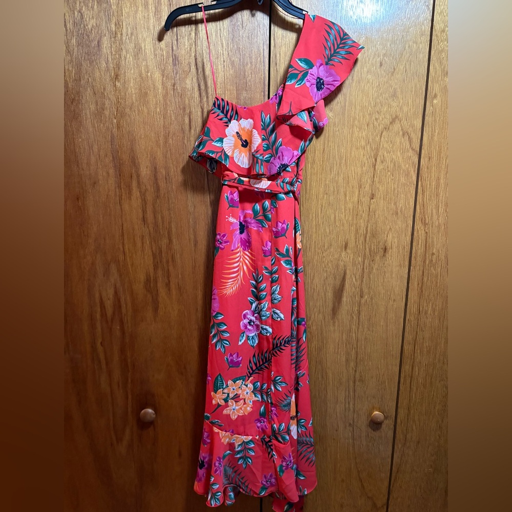 Mi Ami Red Floral One Shoulder Ruffled High Low Dress - Picture 7 of 9